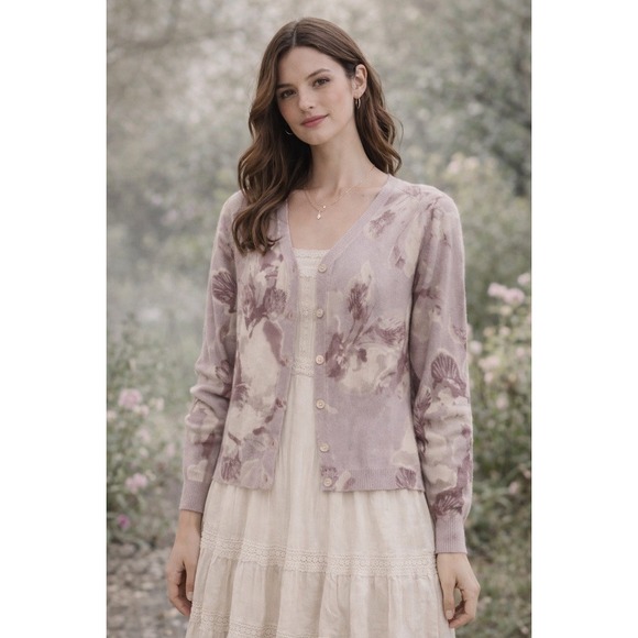 Stile Benetton Sweaters - Stile Benetton Womens Mauve Floral Wool Angora Blend V-Neck Cardigan Sweater M